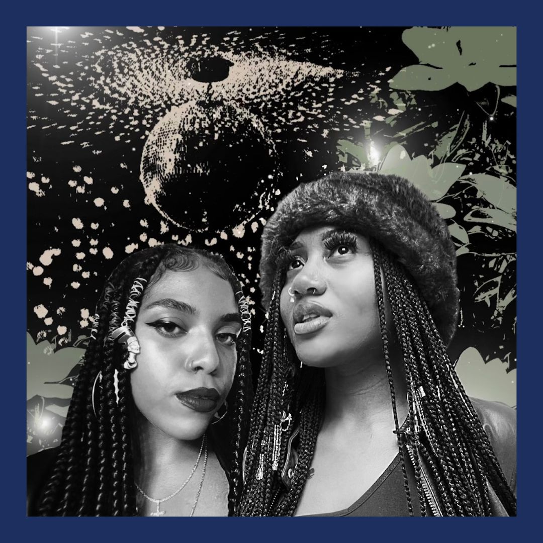 greyscale picture. two people with braids look in opposite directions with disco ball behind them