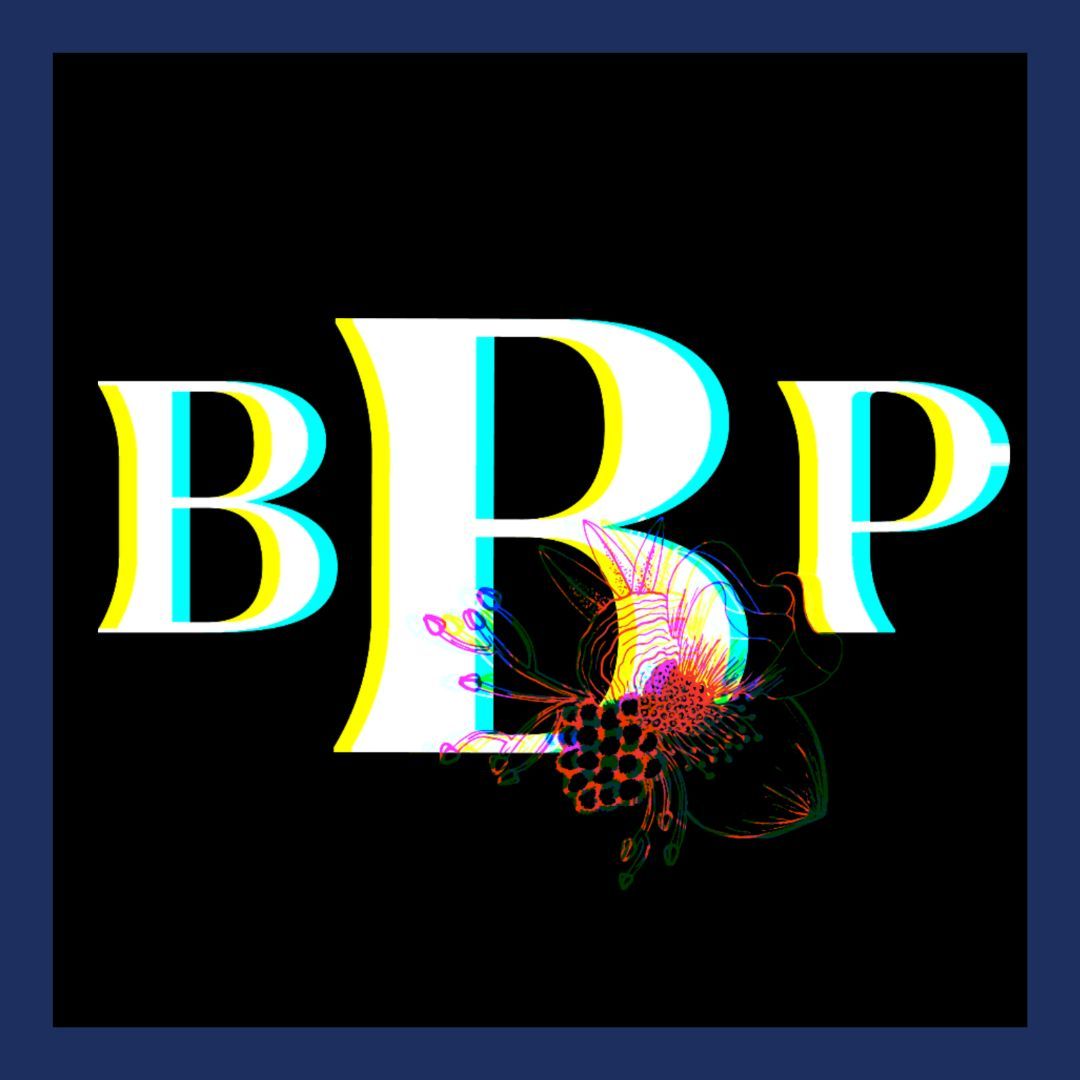 white letters bbp with a black flower in the bottom right corner